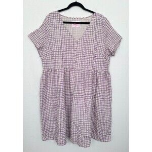 Tuesday of California Grid Print Cotton Linen Mini Dress Purple Women's Plus 1X